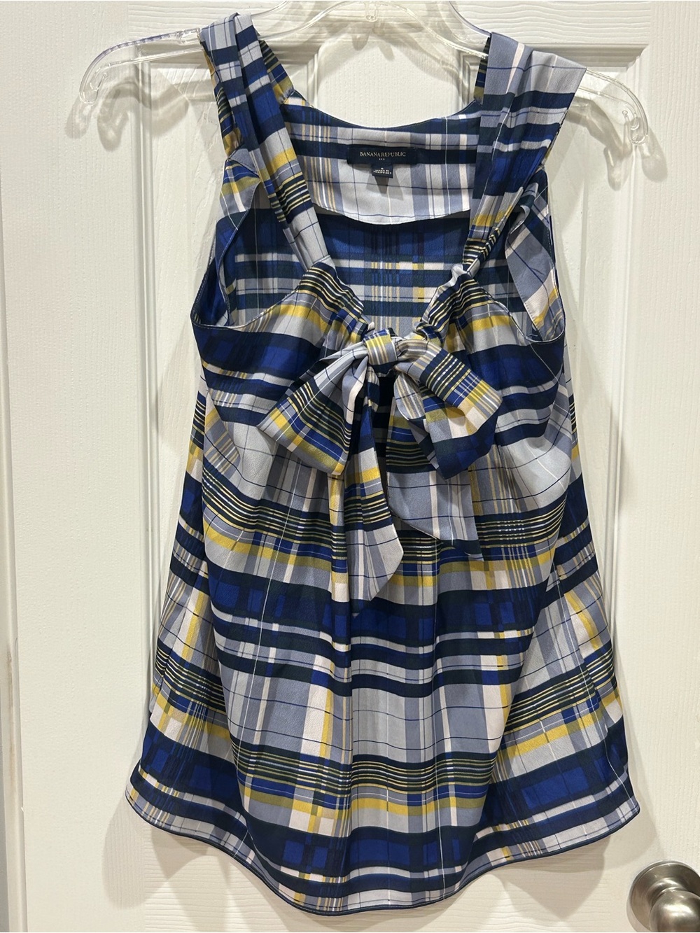 Banana Republic Navy, Yellow and White Plaid Tank with Front Bow